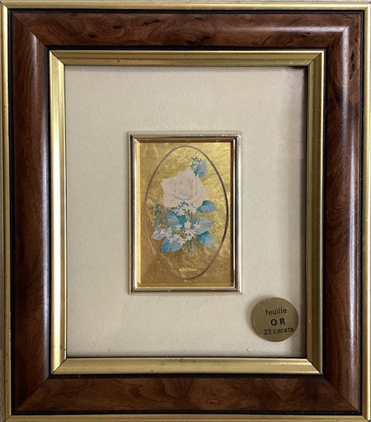 Cadre, représentant une rose sur feuille d'or 23 carats.