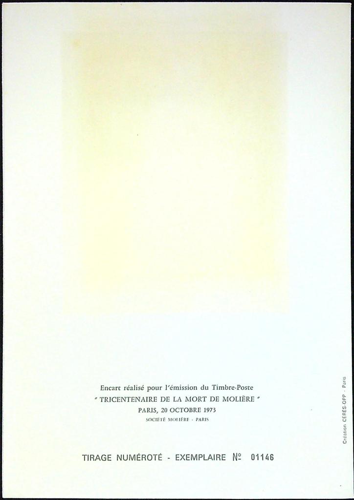 Tricentenaire de Molière Enveloppe Dépliant Timbre 1er jour Encart Fdc Yvert et Tellier