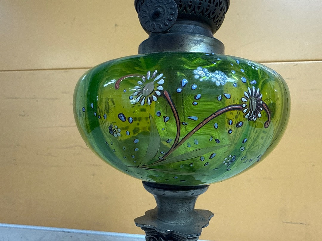 Lampe à pétrole vintage – Réservoir verre vert floral