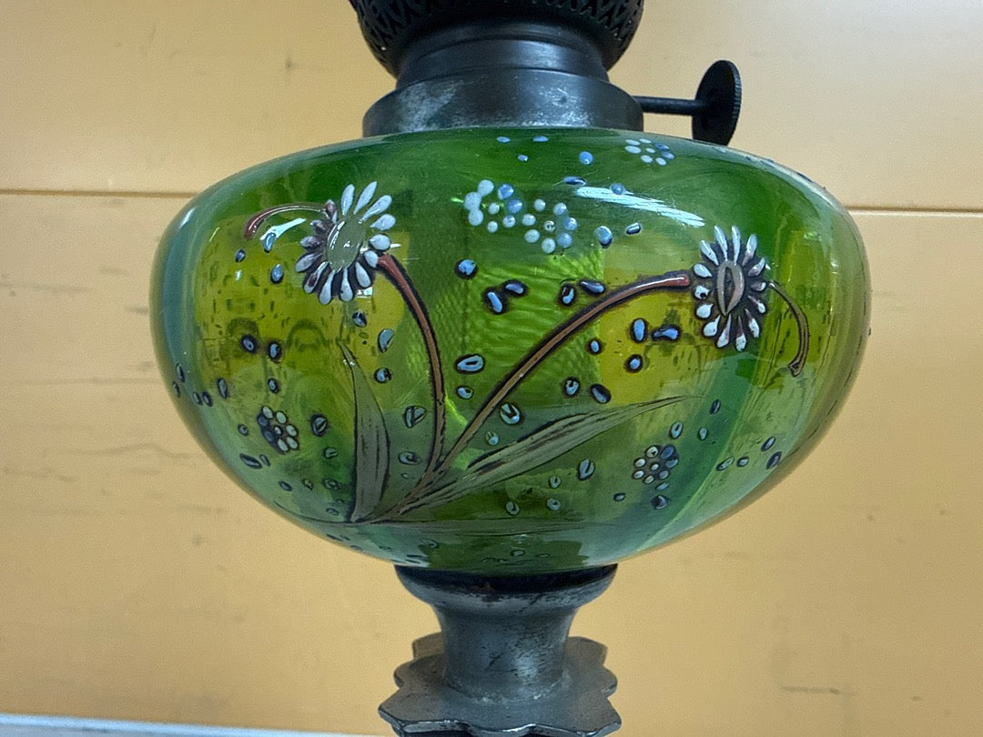 Lampe à pétrole vintage – Réservoir verre vert floral