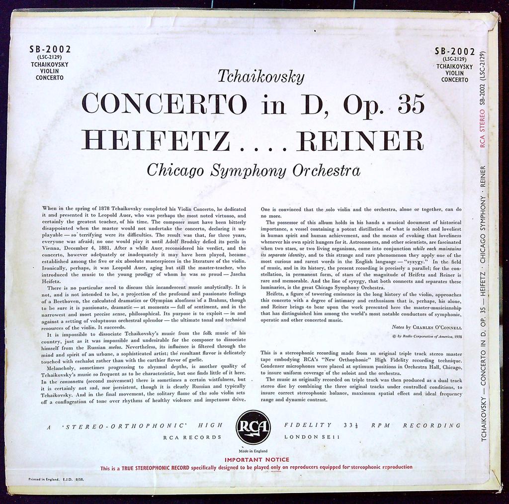 Disque vinyle – Rca Sb-2002 – Musique – Tchaikovsky Heifetz