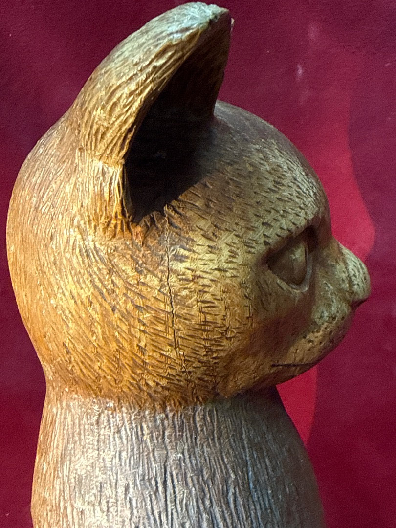 Statue chat en bois sculpté vintage signé Lechat