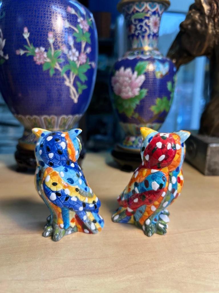 Statuettes sculpté couple Chouette / Hibou en céramique salière et poivrière