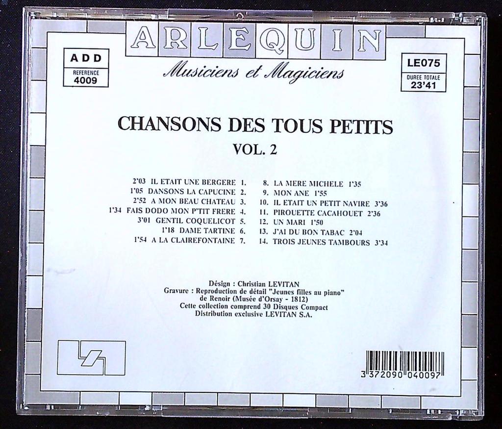 Cd – Arlequin Chansons des tous petits Vol. 2 – Musique – Chansons traditionnelles
