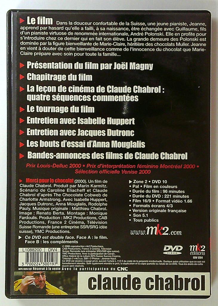 Merci pour le chocolat Dvd Claude Chabrol Isabelle Huppert