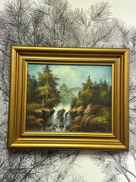 Tableau huile sur toile paysage montagne forêt cascade fleuve rivière