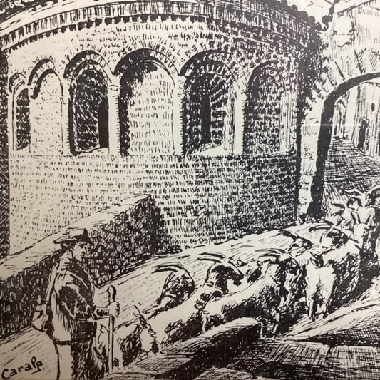 Cadre, dessin Saint GUILHEM troupeau de chèvres et son berger en ville, réalisé par Caralp