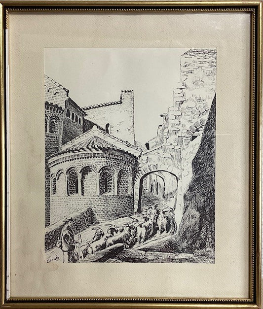 Cadre, dessin Saint GUILHEM troupeau de chèvres et son berger en ville, réalisé par Caralp