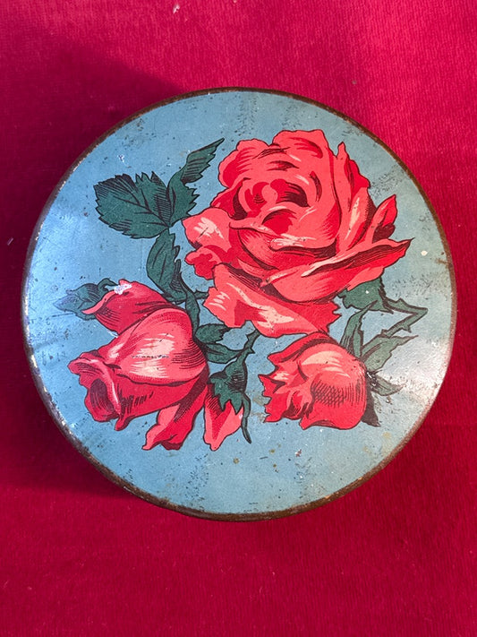 Boîte ronde de confiserie en métal bleu à décor de roses, 13 cm