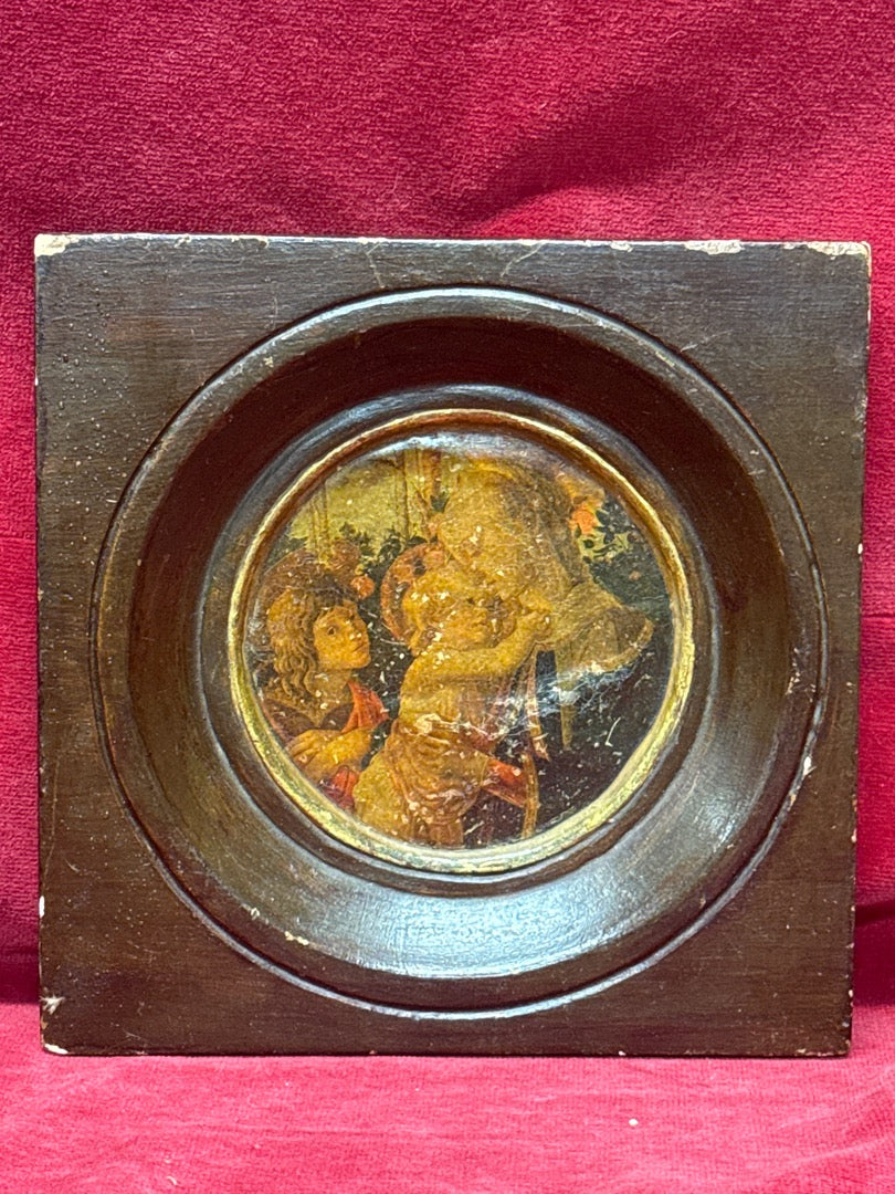 Tableau ancien rond en platre cadre sculpté Vierge Marie