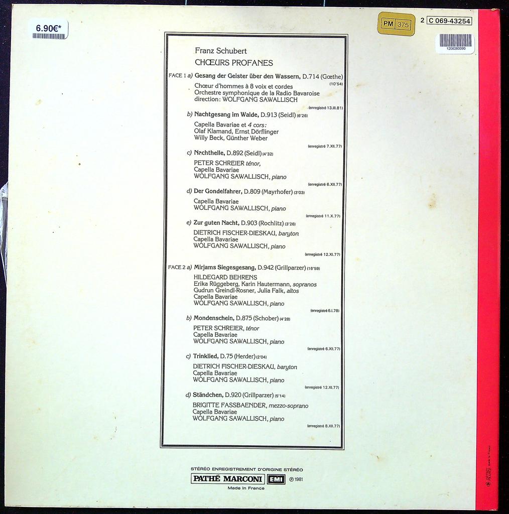 Vinyle – Franz Schubert – Musique classique – Chœurs profanes