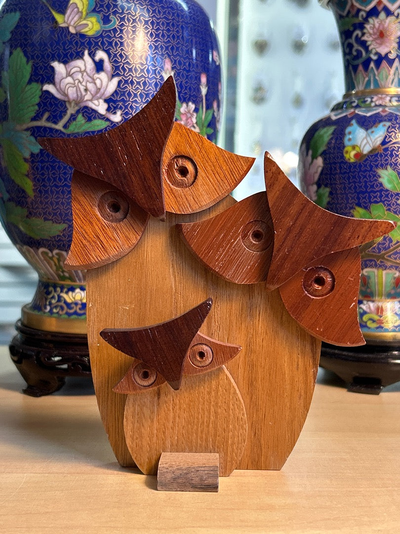Statue Famille Chouettes Bois Vintage