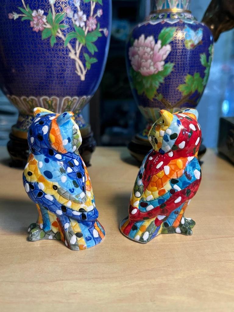 Statuettes sculpté couple Chouette / Hibou en céramique salière et poivrière