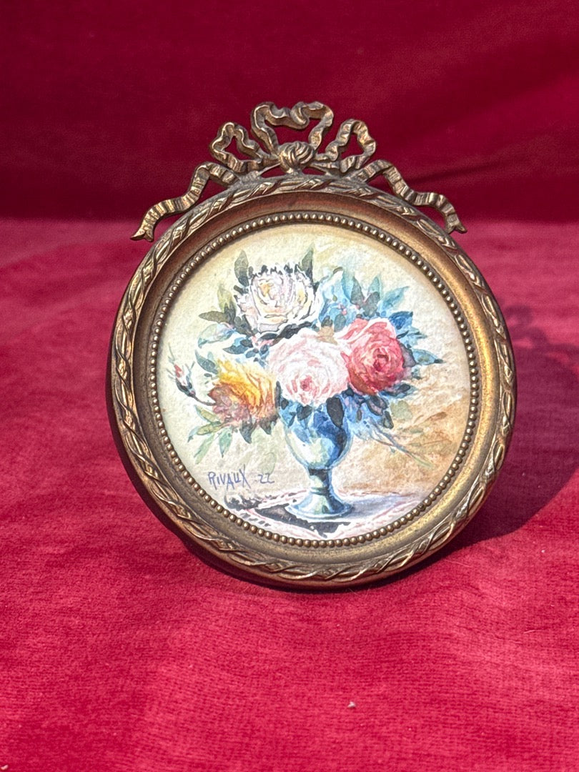 Cadre photo ancien en laiton miniature fleurs Rivaux
