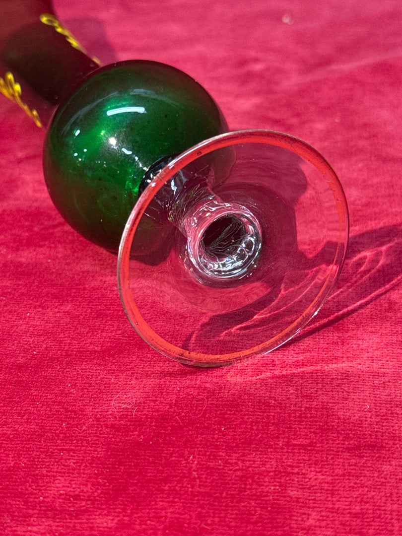 Vase soliflore verre vert émaillé floral piétement balustre