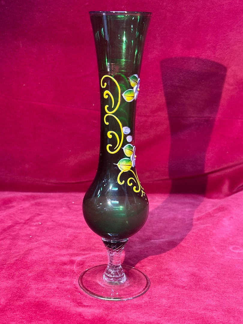 Vase soliflore verre vert émaillé floral piétement balustre