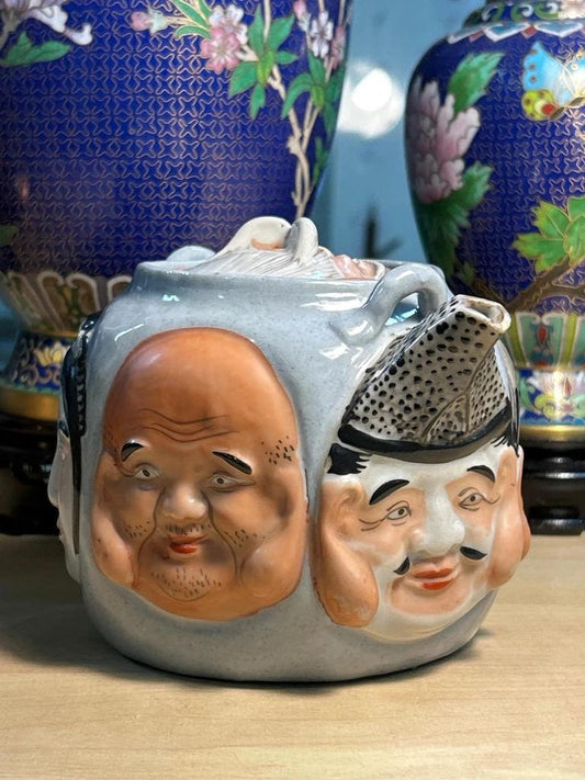 Théière en céramique aux sept visages en relief, sans anse, 10,5 cm