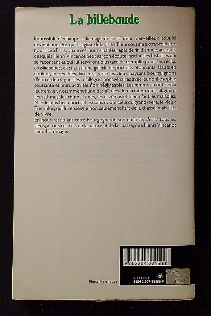 Livre – Henri Vincenot – Littérature – La billebaude Denoël