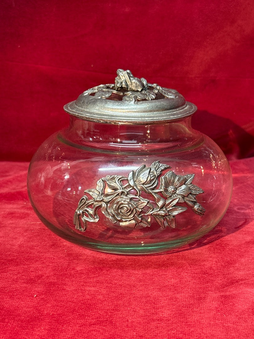 Bonbonnière ancienne en verre et étain Art Nouveau