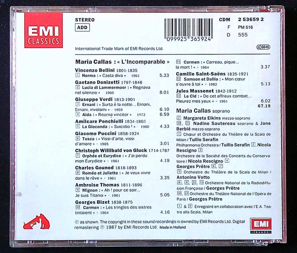 Cd – Maria Callas – Musique – Album L'incomparable