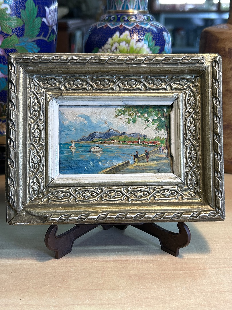 Peinture miniature paysage marin Am – Cadre doré vintage