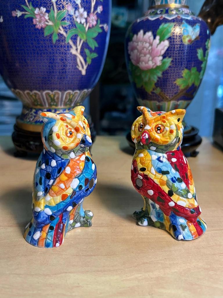 Statuettes sculpté couple Chouette / Hibou en céramique salière et poivrière