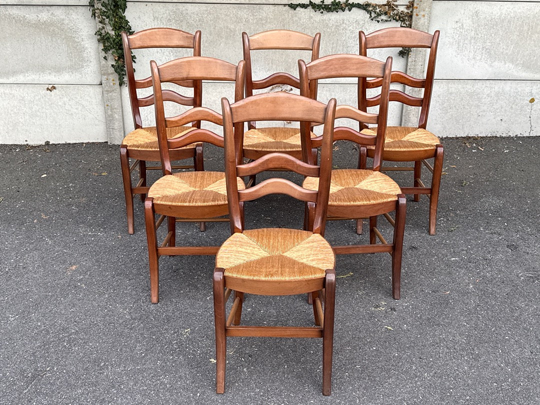Lot de 6 chaises en bois et paille style rustique