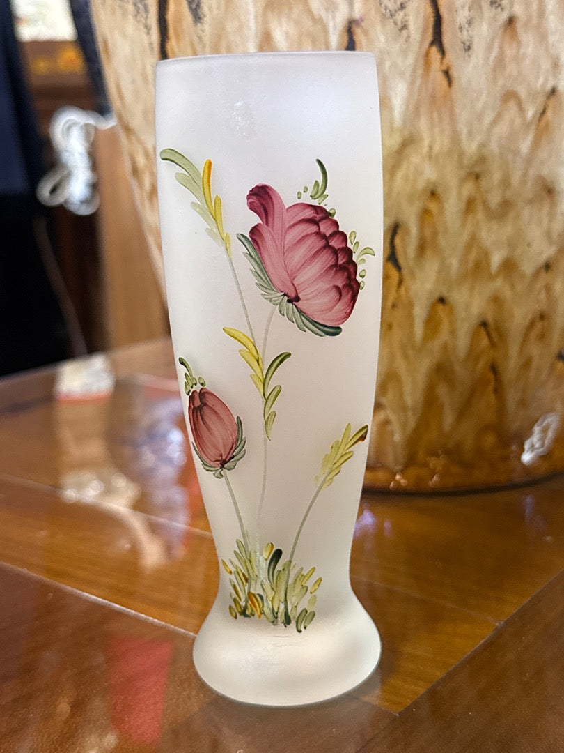 Vase soliflore verre dépoli – Vintage – Fleurs peintes