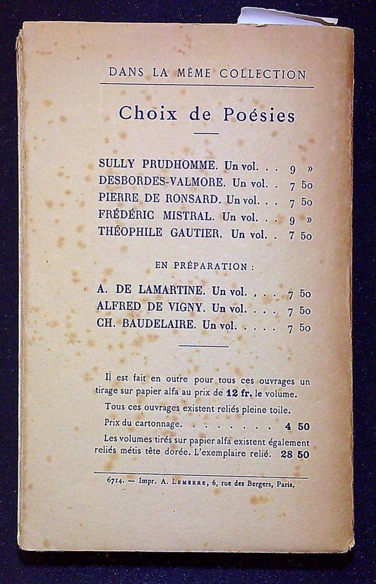 Livre Choix de poésies – Théophile Gautier – Littérature – Édition 1929