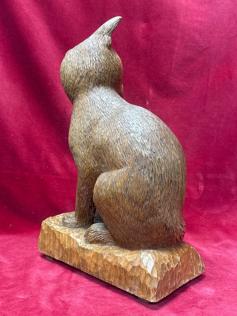 Statue chat en bois sculpté vintage signé Lechat