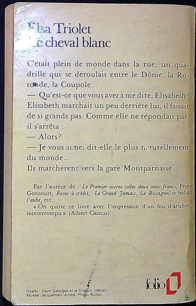 Livre – Folio – Littérature – Le cheval blanc Elsa Triolet