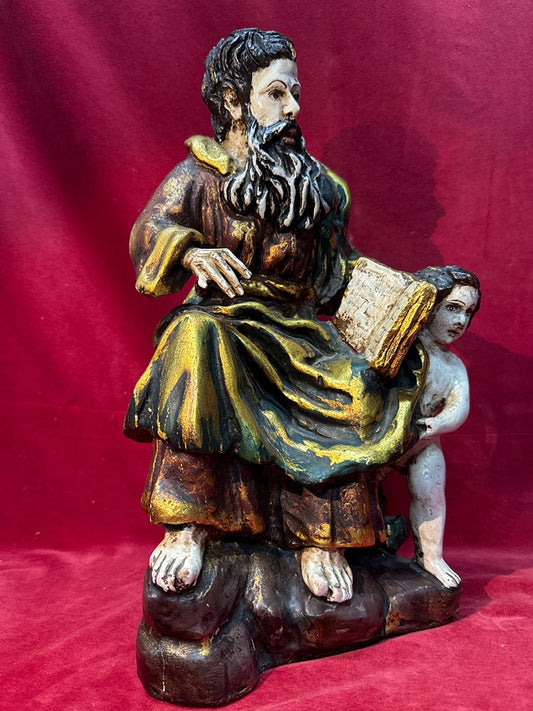 Statue Saint Matthieu l'évangéliste ancienne sculptée en bois oreillard