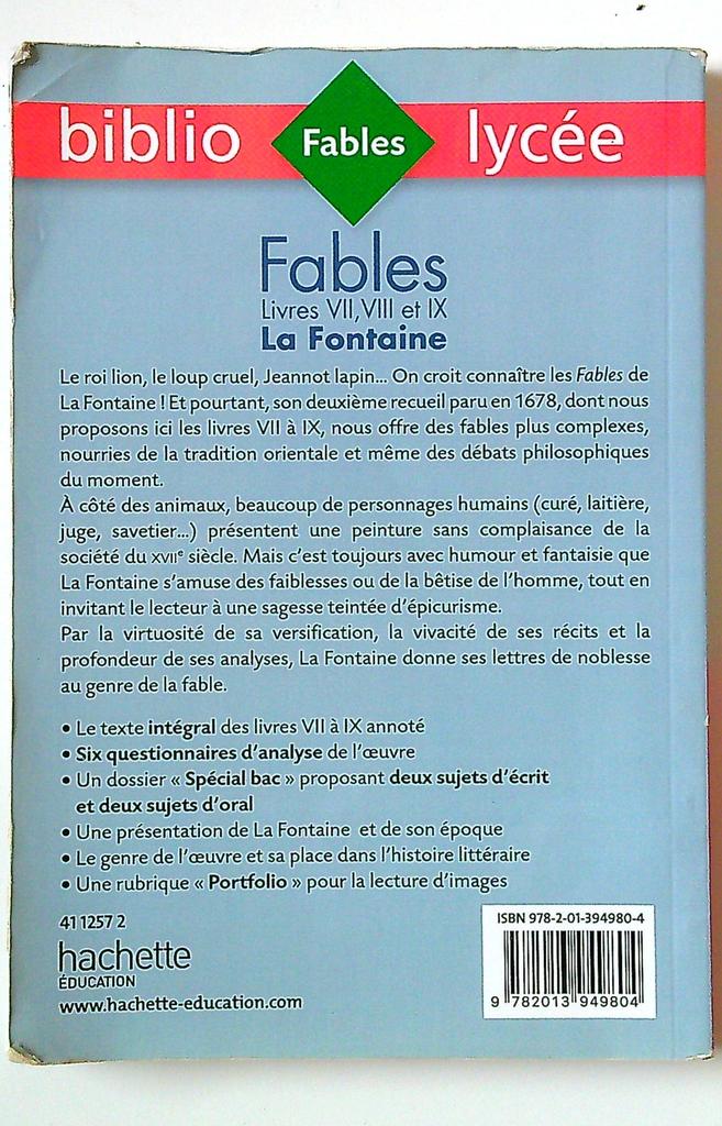 Livre Fables Jean de La Fontaine Hachette vert