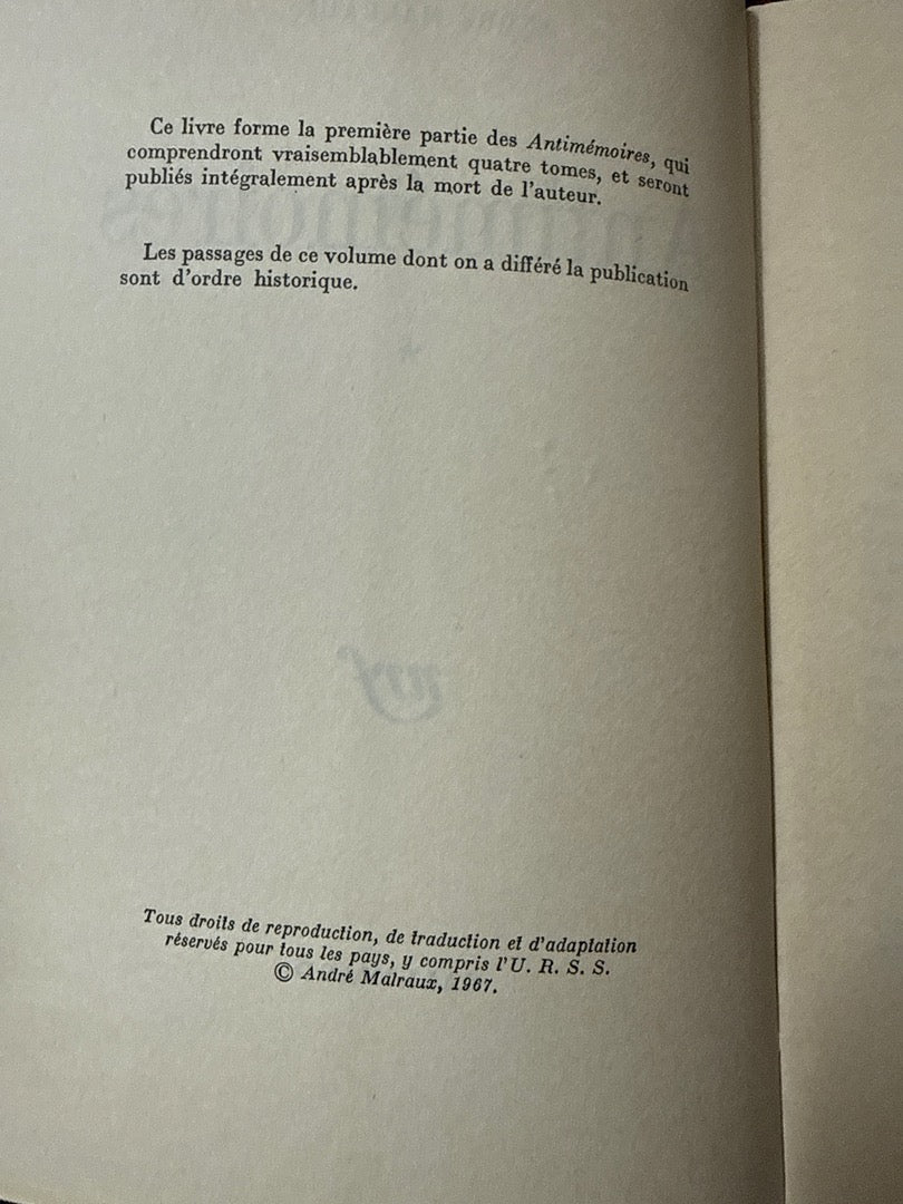 Livre – Malraux Antimémoires – Littérature – Édition 1967