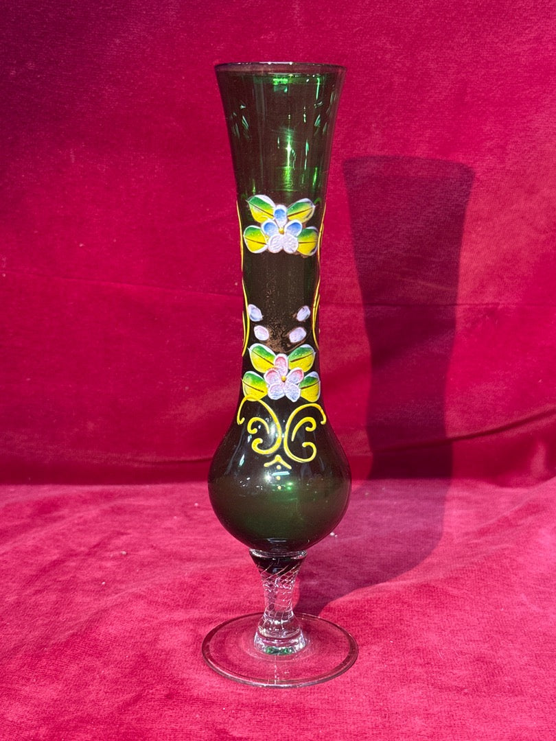 Vase soliflore verre vert émaillé floral piétement balustre