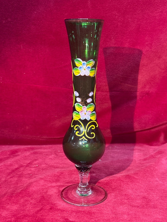 Vase soliflore verre vert émaillé floral piétement balustre