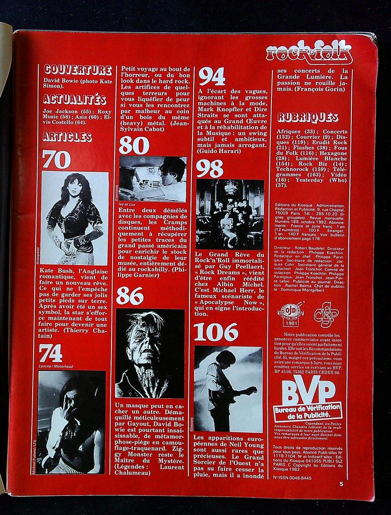 Magazine – Rock & Folk N°189 – Culture – David Bowie Octobre 1982