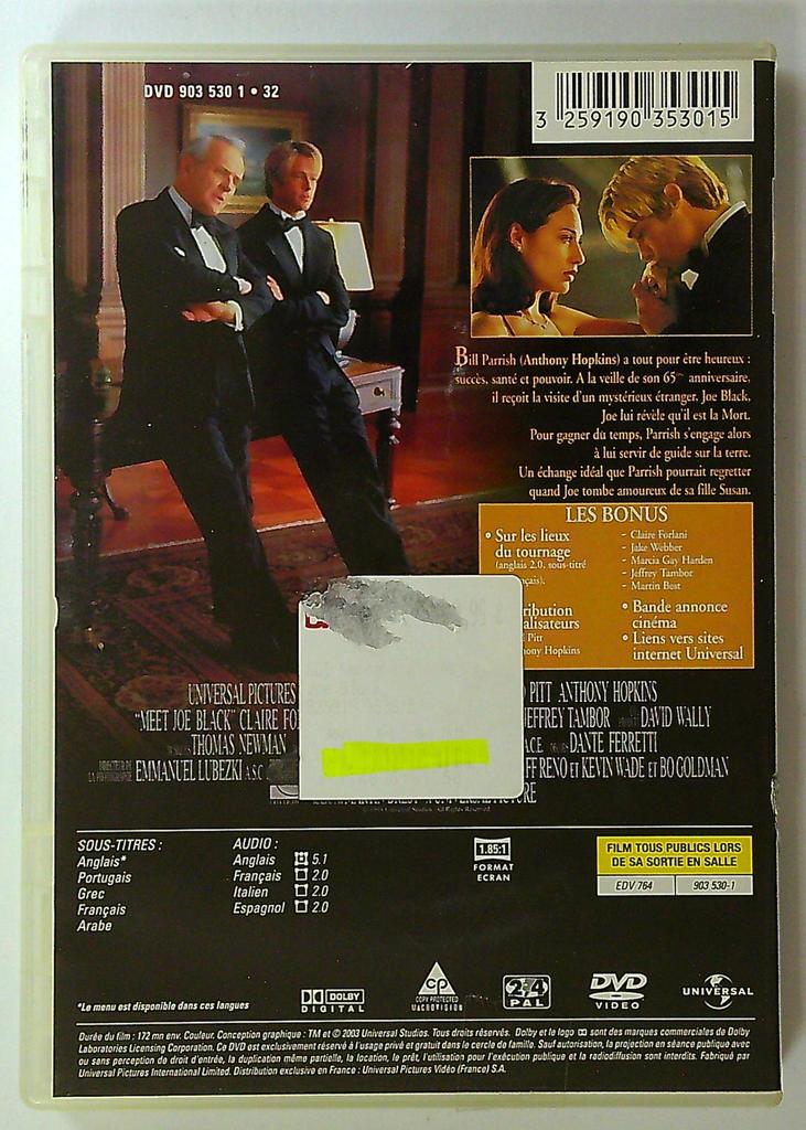 Dvd Rencontre avec Joe Black brad Pitt Anthony Hopkins