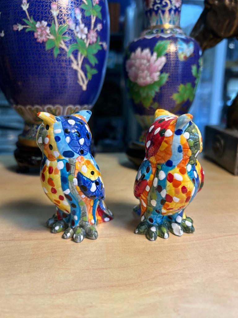 Statuettes sculpté couple Chouette / Hibou en céramique salière et poivrière