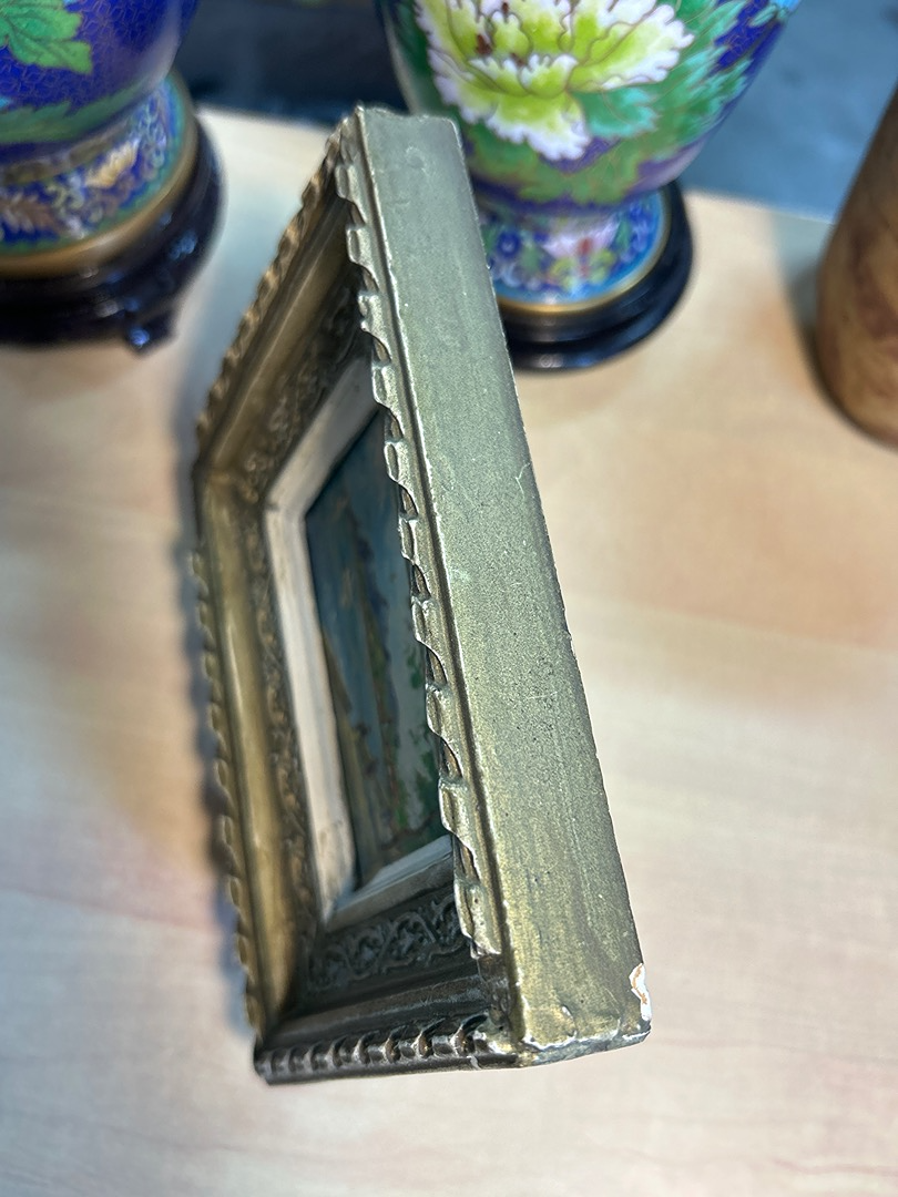 Peinture miniature paysage marin Am – Cadre doré vintage