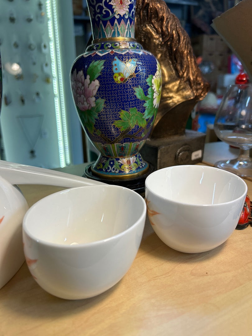 Théière Maycan et 2 tasses porcelaine poissons