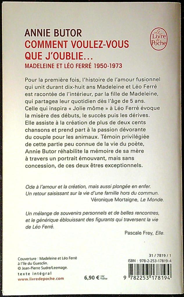 Livre – Le Livre de Poche – Non-fiction – Léo Ferré Annie Butor