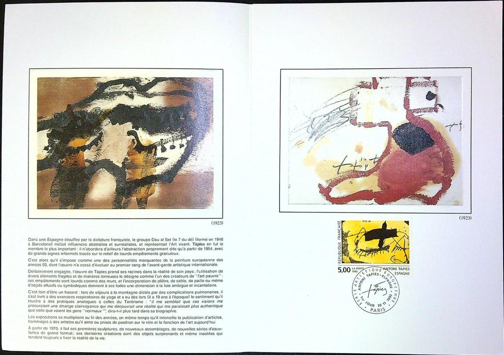 Art Contemporain Europe Antoni Tapies Enveloppe Dépliant Timbre 1er jour Encart Fdc Yvert et Tellier