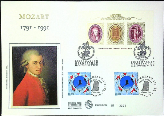 Mozart 1791 - 1991 Enveloppe Dépliant Timbre 1er jour Encart Fdc Yvert et Tellier