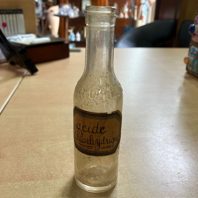 Ancienne Petite Bouteille En Verre, Etiquette Acide Chlorhydrique, Apothicaire