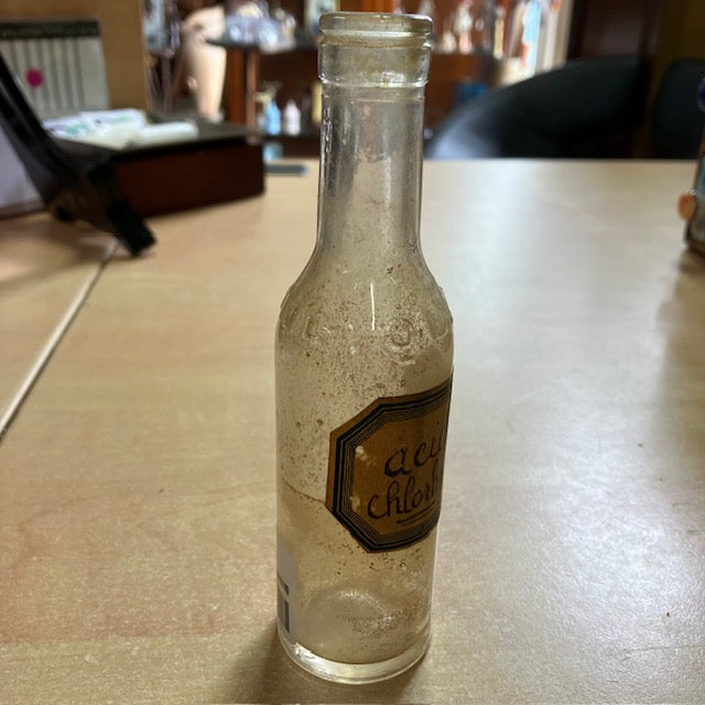 Ancienne Petite Bouteille En Verre, Etiquette Acide Chlorhydrique, Apothicaire