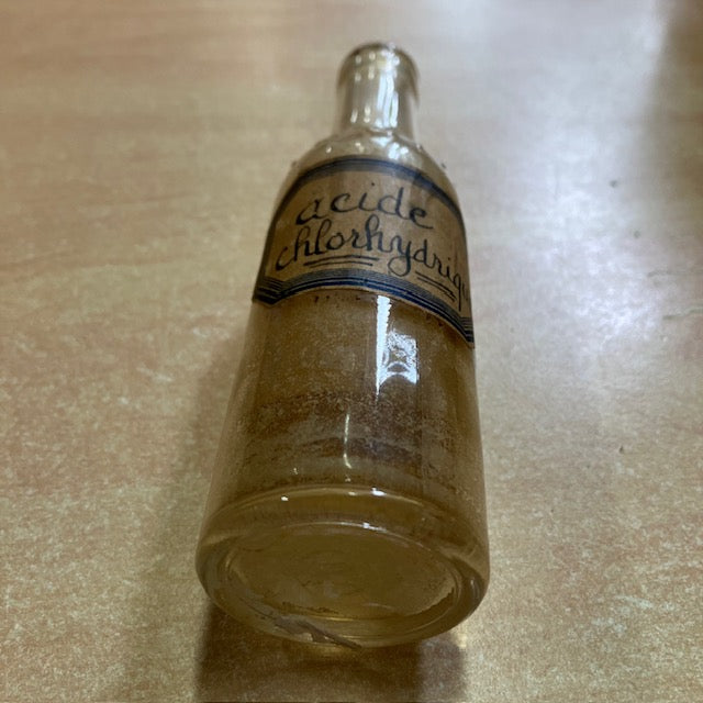 Ancienne Petite Bouteille En Verre, Etiquette Acide Chlorhydrique, Apothicaire