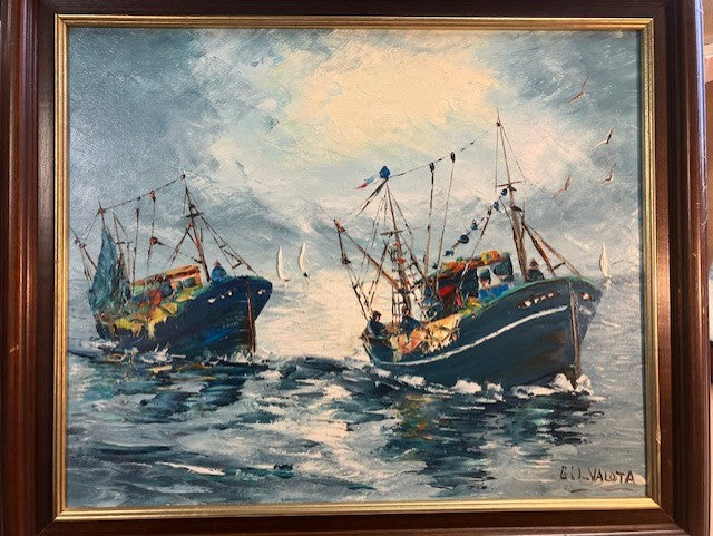 Tableau Huile Sur Toile Paysage de Mer Marin Bateaux Signé