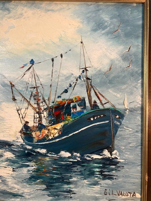 Tableau Huile Sur Toile Paysage de Mer Marin Bateaux Signé