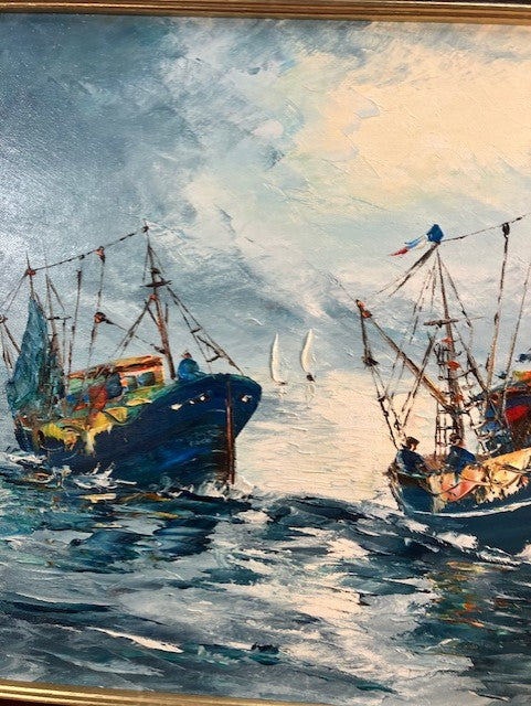 Tableau Huile Sur Toile Paysage de Mer Marin Bateaux Signé